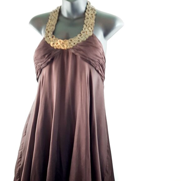 Plus Size 14 Brown Sheer Flowy Elegant Evening Halter Top Midi Dress - Picture 4 of 9